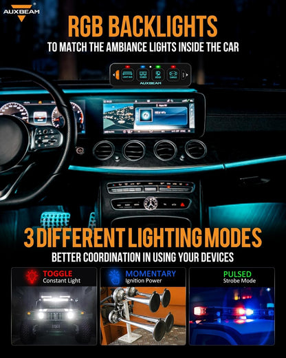 Auxbeam 4 Gang Slim Switch Panel Bluetooth RGB AS-400 with APP&Remote Control Toggle Momentary Pulsed Switch Pod Off Backlight for Truck Offroad UTV ATV Car Marine 12-24V Waterproof, 2 Years Warranty