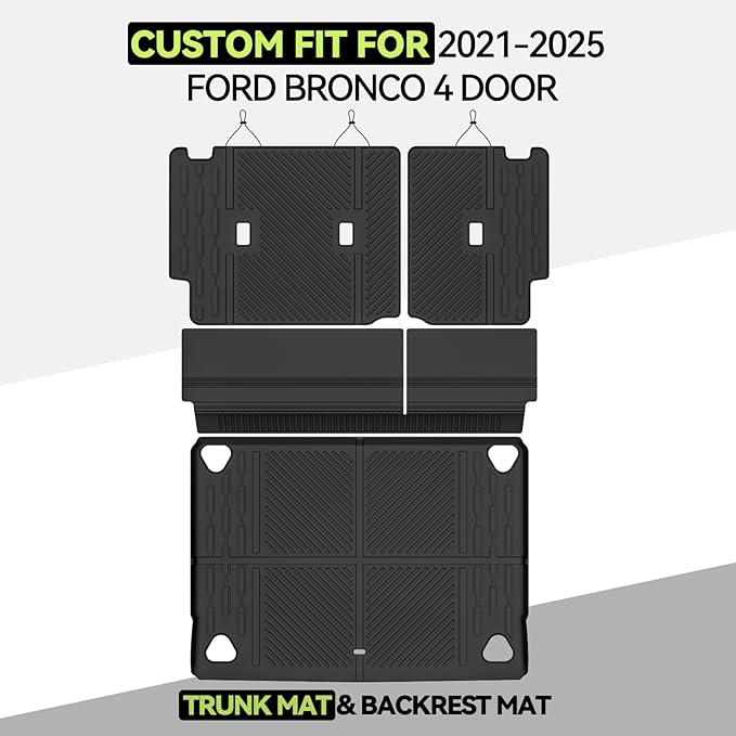 Cargo Mat for 2021-2025 2026 Ford Bronco 4 Door, All Weather TPE Cargo Liner and Backrest Mats Protectors for Ford 4-Door Bronco Trunk Mat Accessories