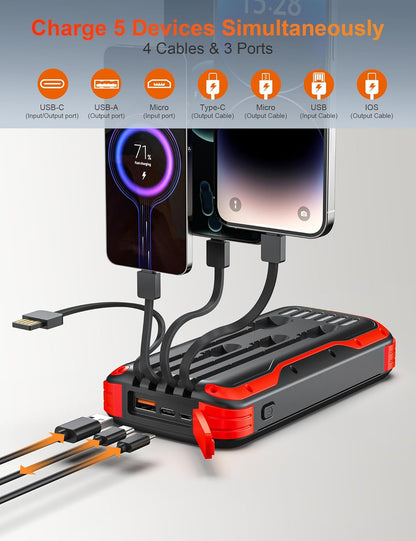 Solar Charger Power Bank, 40000mAh Portable Phone Charger Built in 4 Cables with USB C in/Output, PD 20W Fast Charging Portable Charger, External Battery Pack with Dual Bright Flashlights