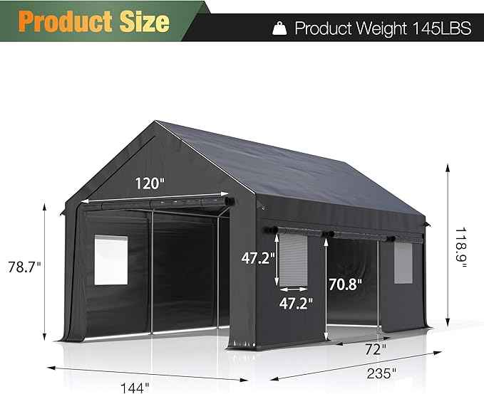 Polar Aurora 12x20 FT Heavy Duty Carport with All-Season Tarp, Portable Garage Tent with Roll-Up Windows & Side-Opening Door, Enclosed Car Port Canopy with Galvanized Frame for Car, SUV, Truck, Boat