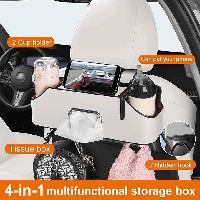 Car Rear Backseat Extra Multifunctional Drink Cup Holder Organizers With Tissue Storage Box Organizer & Hooks For Car Seat Back. White