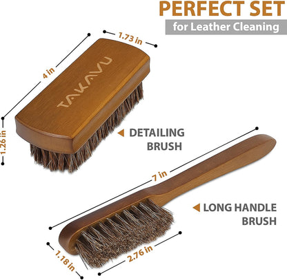 TAKAVU Leather & Upholstery Cleaning Brush Set, 100% Horse Hair Bristle, to Clean Car Seats & Leather Sofas, for Alcantara, Interiors, Furniture, Boots, Shoes, Bags and More