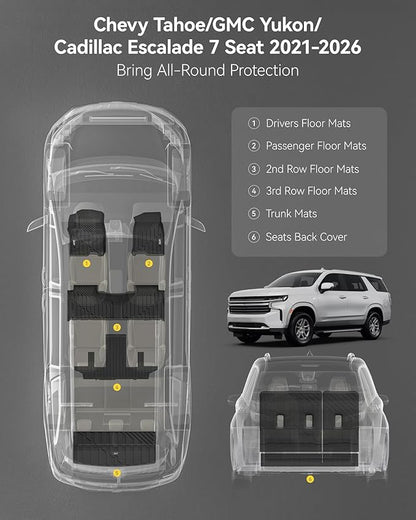 3W Floor Mats & Cargo Liner & Seat Back Mats for 2021-2026 (Only 7 Seats) Chevrolet Chevy Tahoe/GMC Yukon (Not Fit Yukon XL)/Cadillac Escalade (Not Fit Escalade ESV),All Weather Full Set Car Mats
