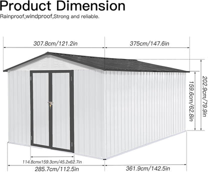 12 x 10 FT Metal Garden Shed, Outdoor Storage Shed with Heavy-Duty Steel Construction, Built-in Punched Vents & Hinged Door, Free Padlock for Secure Backyard, Patio & Garage Storage, White + Grey