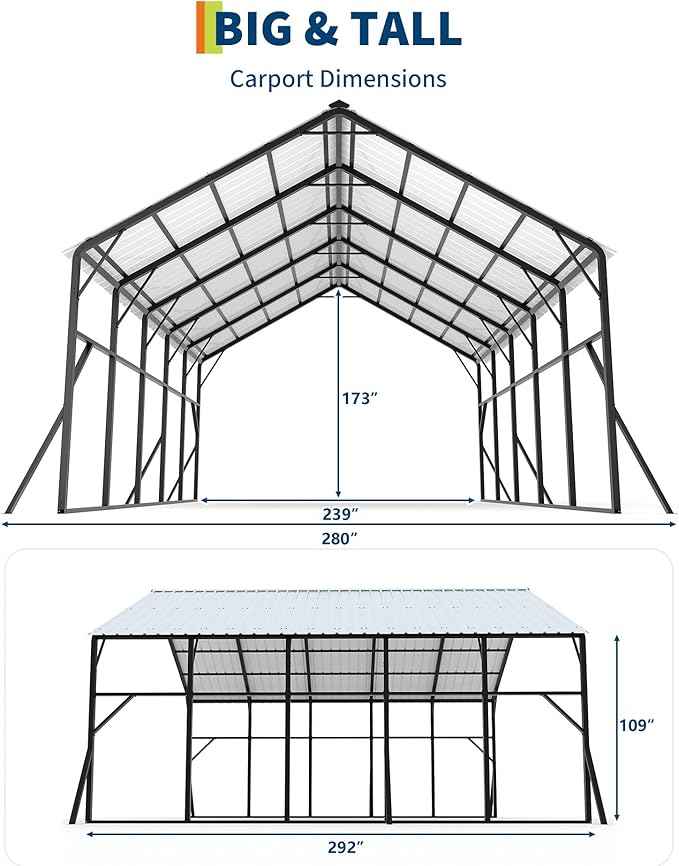 Garvee 20x25 ft Metal Carport Kit, 120° Steep-Pitch Vertical Roof for Snow Shedding, 173" High-Clearance RV & Tractor Shelter, Heavy-Duty 2 Cars Car Port with Reinforced Frame