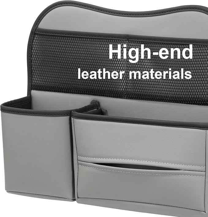 Leather Car Seat Back Organizer with Tissue Holder, Water Bottle Holder, Phone Holder for Road Trips. (Gray)