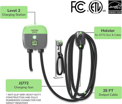 AQUILA-48S Level 2 EV Home Charger 48A, Ethernet, WiFi, RFID, 25 FT Cable, FCC, ETL, Energy Star, Docking Holster, eMOTEN Phone APP, Hardwired