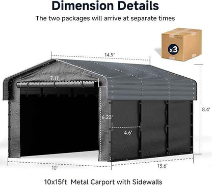 10x15FT Heavy Duty Metal Carport, Outdoor Carport Canopy with Galvanized Steel Roof and Reinforced Base,Removable Sidewalls & Door, Garage Shelter Shade for Cars,Trucks, Boats, Gray