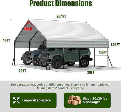 Metal Carport Heavy Duty 20x20ft Outdoor Galvanized Steel Car Port, Vehicle Canopy Garage Shade, Multi-Use Shelter for Car, Boat, Tractors & Outdoor Storage