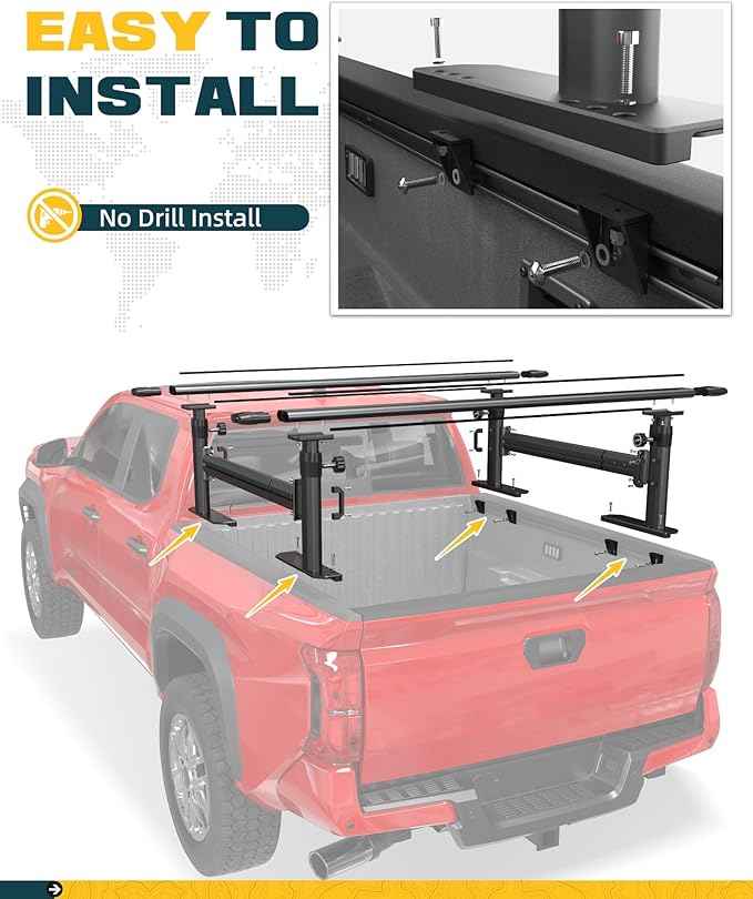 Ladder Rack for Truck with Side Bars, 800 LBS Capacity Truck Bed Rack, 19"-25" Height-Adjustable Aluminum Truck Ladder Racks, Fit for Medium-Size Pickup Toyota Tacoma Jeep Gladiator
