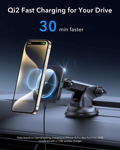 ESR for Qi2 15W MagSafe Car Mount Charger, Qi2-Certified MagSafe Car Charger, Dashboard/Windshield Magnetic Wireless Car Charging, Car Phone Mount for iPhone 16/15/14/13/12, S25, Fast Charging, Black