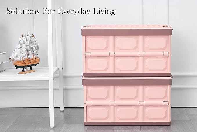 Pink Collapsible Storage Bins with Lids 2-Pack, Folding Plastic Stackable Utility Crates 30L, Durable Containers for Home & Garage Organization