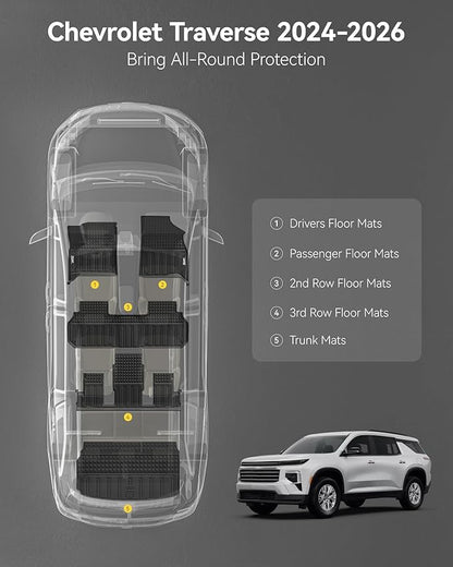 3W Floor Mats & Cargo Liner for Chevrolet Chevy Traverse 2024-2026 (Only 7 Seats) & GMC Acadia 2024-2026 (Only 7 Seats) & Buick Enclave 2025-2026, All Weather TPE Custom Fit Floor Liners