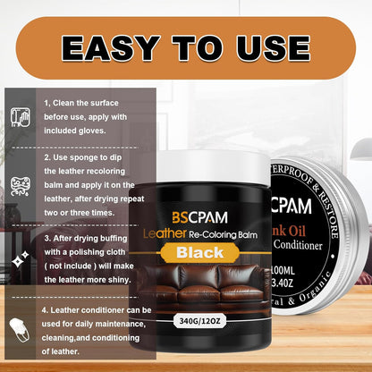 12oz Leather Recoloring Balm & 3.4oz Mink Oil Leather Conditioner kit,Black Leather Color Repair Kits for Couches, Leather Couch Paint Scratch Repair for Furniture Car Sofa Shoes Leather Dye