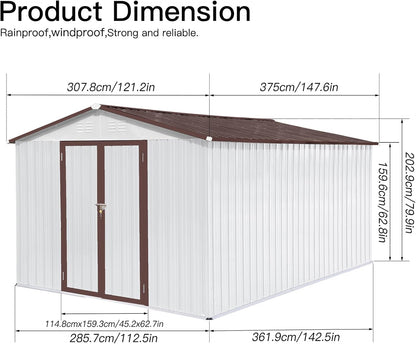 12 x 10 FT Metal Garden Shed, Outdoor Storage Shed with Heavy-Duty Steel Construction, Built-in Punched Vents & Hinged Door, Free Padlock for Secure Backyard, Patio & Garage Storage, White + Coffee