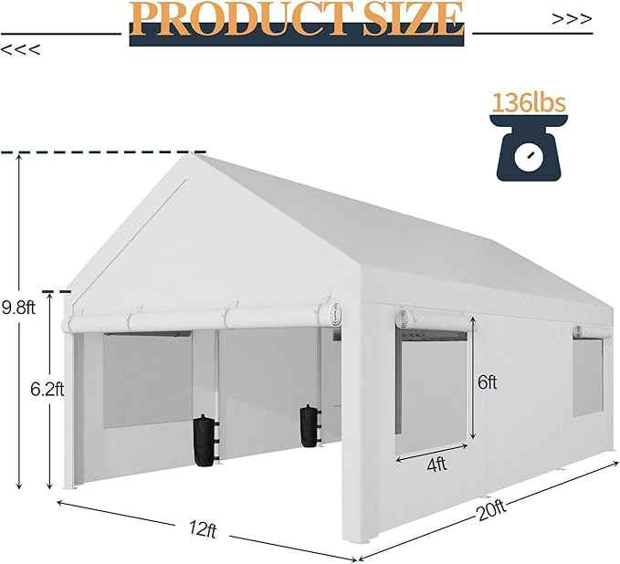 Shintenchi Portable Garage Canopy,12x20 FT Heavy-Duty Design Carport,Carport Canopy with Side-Opening Removable Door & Roll-Up Window,Portable Car Port for Car, Truck, Boat,White