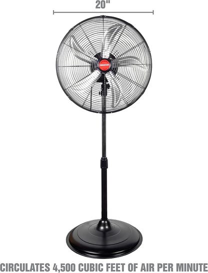 OEMTOOLS OEM24871 20" Oscillating Pedestal Fan, Adjustable Height for Garage, Shop, Gym, Warehouse 4500 CFM Airflow, 3-Speed Enclosed Motor, 5 Aluminum Blades, Dust-Resistant Industrial Purpose