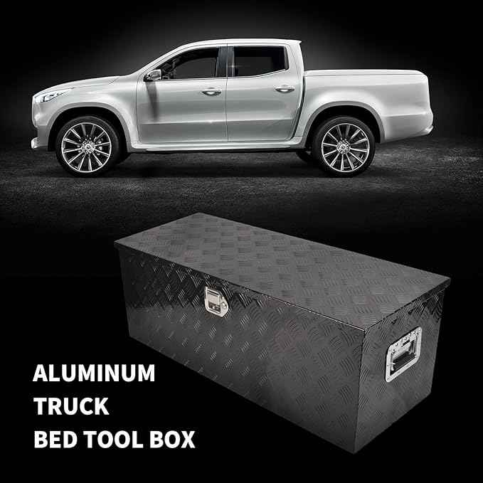 44 Inch Black Aluminum Tool Box 5 Bar Tread ToolBox Flatbox for Truck Bed Car Outdoor Trailer Pickup Underbody RV ATV Storage Underbed Tools Organizer with Lock and Keys(44"X15"X15")