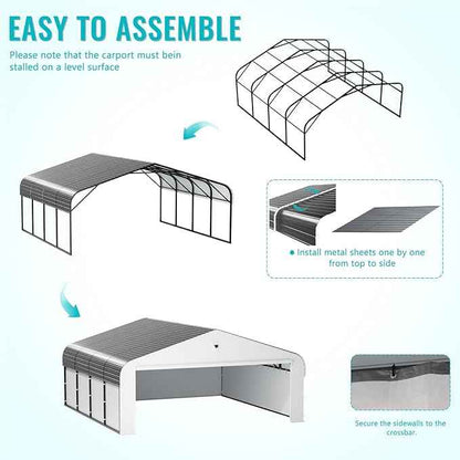 20x20 Metal Carport,Car Ports Heavy Duty Metal for Snow,Enclosed Car Tent Garage with Galvanized Metal Roof,Outdoor Two Car Carport All Weather