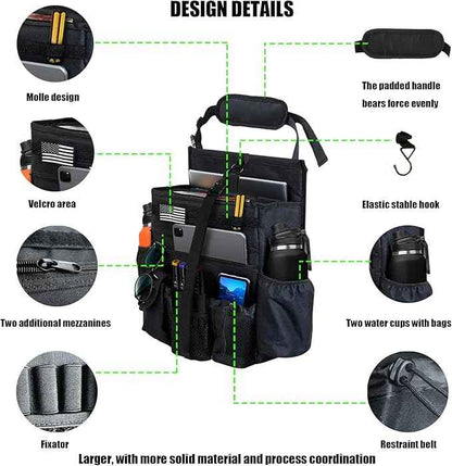 Front & Seat back organizer with dedicated tablet and 15.6 IN laptop storage stabilizers external stabilizing side straps soft adjustable shoulder straps hardened buckle Universal fits for Most of Car