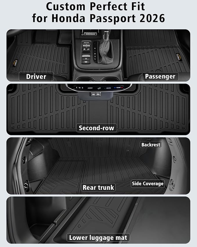 Floor Mats Custom for Honda Passport 2026 Trunk Mat with Backrest Mat All Weather TPE Rubber Cargo Liner Full Set Floor Liners for Passport Accessories (Trunk Mat+Backrest Mats+Floor Mats)