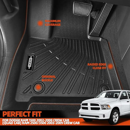 Custom Fit Floor Mats for Dodge Ram 1500 2002-2008 Crew Cab (Quad Cab) Ram 2500/3500 2003-2009, All Weather TPE Floor Liners, Odorless Full Set Interior Accessories
