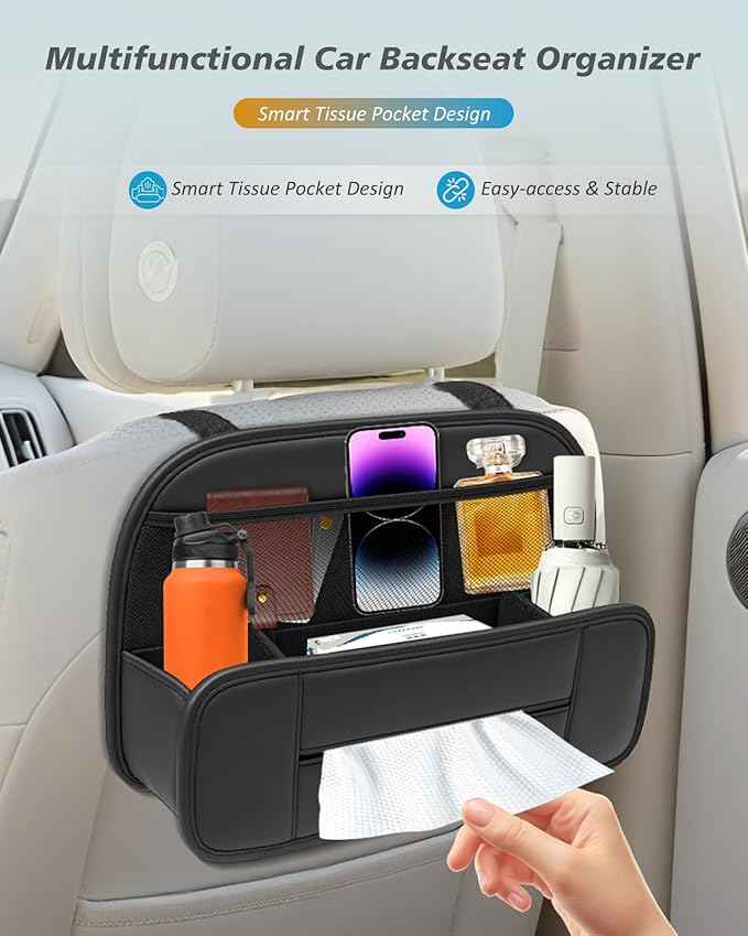 FLORICH 5-in-1 Car Backseat Organizer, Premium Leather Headrest Seat Back Storage Pocket with Cup Holder, Foldable Hanging Car Tissue Holder 1 Pack