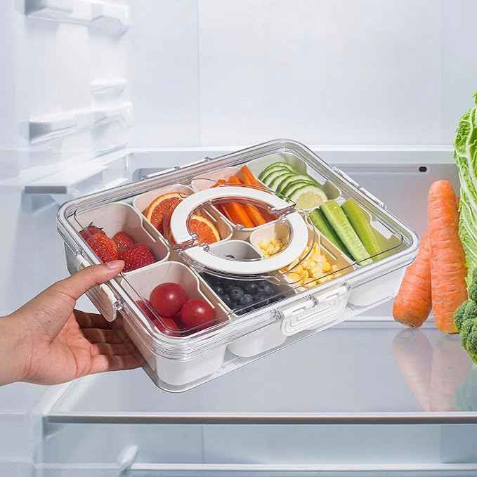 Divided Snack Serving Tray with Lid and Handle Travel Snackle Charcuterie Container Portable Storage Organizer for Candy, Fruits, Nuts, Snacks, Party, Picnic 2 Packs White