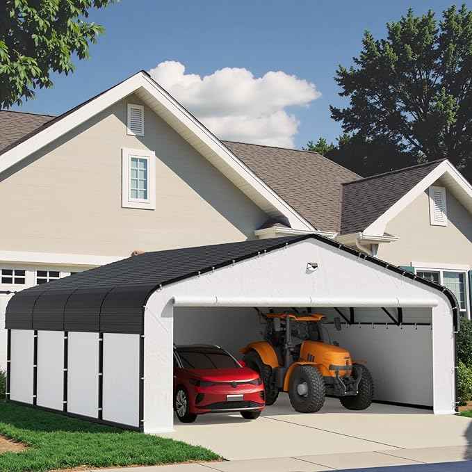 Carports 20x20 Heavy Duty Metal for Snow, Fully Enclosed Carport with Removable Sidewalls and Drive Through Doors