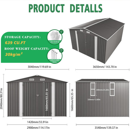 10 x 12 FT Large Outdoor Storage Shed w/ 2 Clear Window, Heavy Duty Metal Garden Sheds with Lockable Door & Air Vents, Waterproof Tool House for Bicycles, Tools, Backyards, Patios, Lawns, Gray