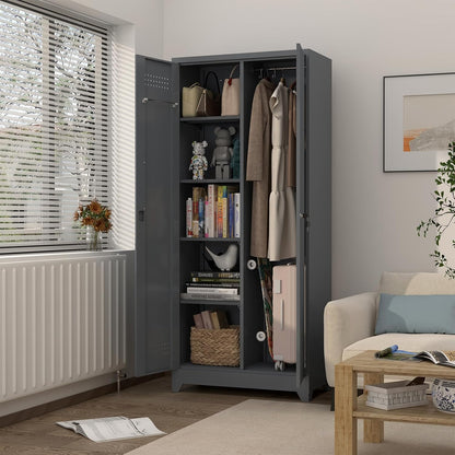 GREATMEET 72.8" H Metal Storage Cabinets with Doors and Shelves, Grey Broom Closet Storage Cabinet, Broom and Mop Utility Cabinet for Home,Kitchen,Garage
