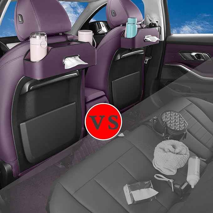 HOLDCY Car Back Seat Organizer with 2 Drink Cup Holder - Tissue Box and Storage Box Hook - Multi-functional Storage - Great for Kids and Travel (Purple)