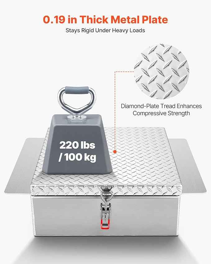 VEVOR Truck Bed Tool Box, Heavy Duty Aluminum Tool Box with Diamond Plate, Storage Toolbox Chest Organizer Supports up to 220 lbs, Ideal for Pickup, Truck Bed, RV, Trailer, 30.3 x 24 x 9 in, Silver