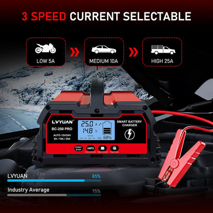 LVYUAN 25Amp Smart Car Battery Charger, 12V/24V Automotive Charger, Lead-Acid Battery, LiFePO4 Battery Maintainer with LCD Display, Trickle Charger, for Lawn Mower, Motorcycle, AGM, STD, Gel, EFB,etc