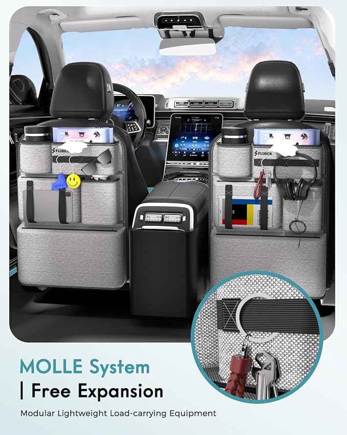 FLORICH PU-Coated Fabric Car Backseat Organizer, Durable Large capaity Seat Back Organizer and Storage with 6 Pocket, Kick Mats Back Seat Protector for Kids Universal Fit