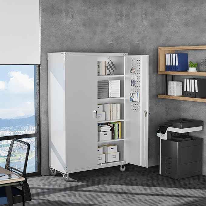 VINGLI Upgraded Wide & Deep Garage Storage Cabinet, Metal Storage Cabinet with Pegboards, Wheels, Locking Doors and Adjustable Shelves (Gray, 43''W x 20''D x 72''H)