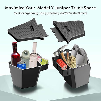 Trunk Storage Bins Trunk Organizer Designed for 2025 2026 Tesla Model Y Juniper 5-Seater, 2PCS Large-Capacity Rear Side Storage Boxes with Under-Panel Compartment for Model Y Juniper Accessories