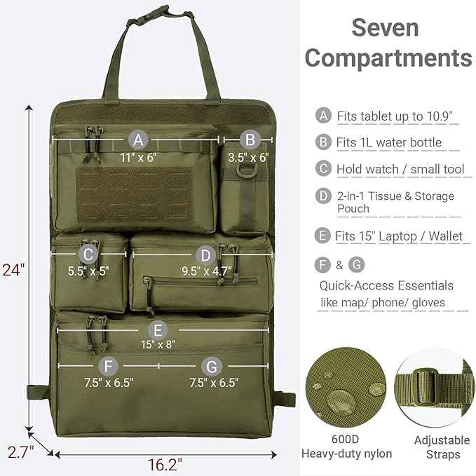 Tactical Seat Back Organizer Heavy Duty MOLLE Panel Organizer with Multiple Pockets & Hook Loop Panel for Road Trip Essentials, Universal Fit for Car SUV Truck Jeep (Army Green)