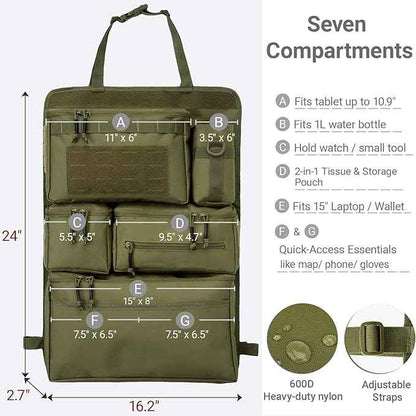 Tactical Seat Back Organizer Heavy Duty MOLLE Panel Organizer with Multiple Pockets & Hook Loop Panel for Road Trip Essentials, Universal Fit for Car SUV Truck Jeep (Army Green)
