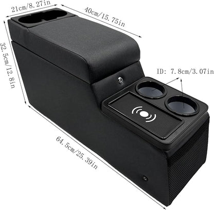 Truck Center Console Truck Seat/Bench Organizer with Wireless Charging and Holder Cups for Jeep CJ5 1976-1983,Jeep CJ7 1976-1986,Jeep Wrangler(YJ) 1987-1995 (Denim Black)