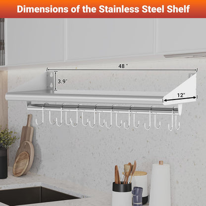 Skyflame Stainless Steel Floating Shelving with 8 Hooks, 12” x 48” Wall Mounted Commercial Shelves for Restaurant, Kitchen, Home, Hotel and Bar