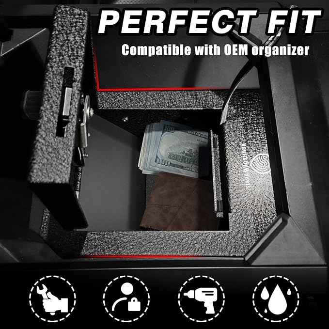 VaultsOnWheels for 2025 2024 Tesla Cybertruck Center Console Storage Vault Hidden Console Storage Interior Vault LockBox Anti-Theft Biometric Fingerprint Lock