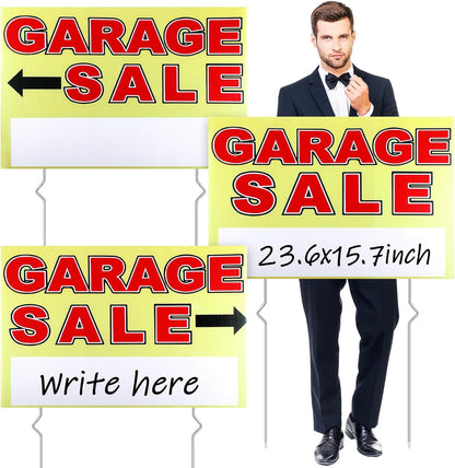 Marsui 3 Pcs Garage Sale Sign 23.6 x 15.7 Inch Double Sided Garage Sale Sign with Stakes Blank Corrugated Plastic Yard Signs with Directional Arrow and Metal Stake