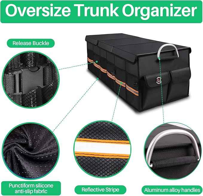 Trunk Organizer Cargo Organizer Trunk Storage Waterproof Collapsible Durable Multi Compartments-((Oversize,Black)