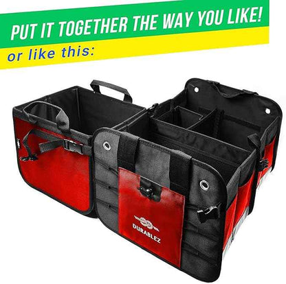 XL Trunk Organizer 3-Section Modular – Extra Large Car Storage for Groceries & Travel Gear, Multi-Compartment Foldable Cargo Bin – Red