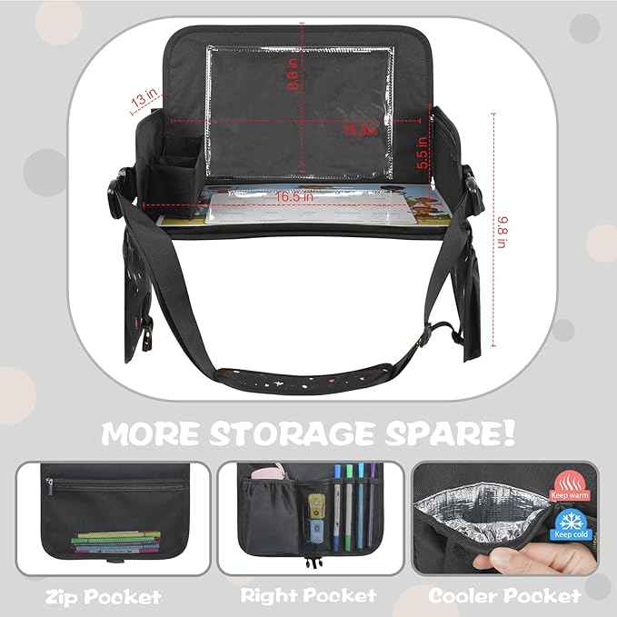 MENZOKE Kids Travel Tray, Road Trip Activities for Kids with Dry Erase Board & Cooler Cup Holder, Toddler Car Activities with No-Drop iPad Holder Stand, Roadtrip Essentials for Toddlers, Black
