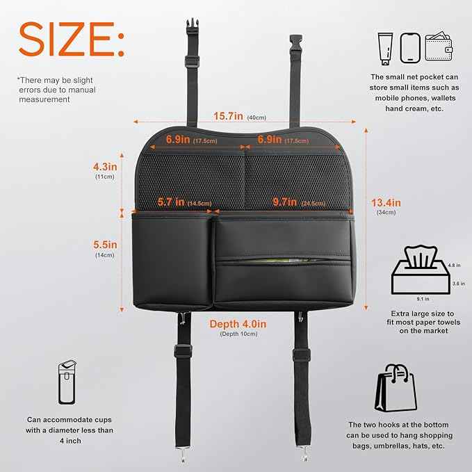 Leather Car Seat Back Organizer with Tissue Holder, Water Bottle Holder, Phone Holder for Road Trips. (Black)
