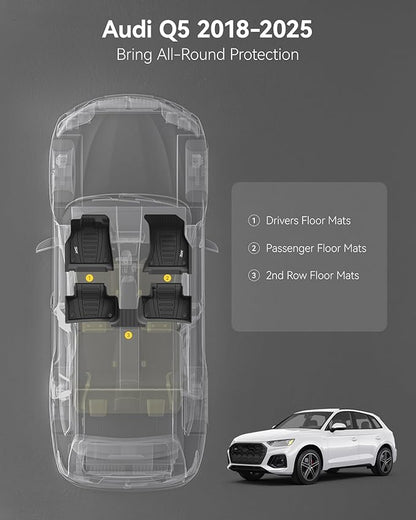 3W Floor Mats Custom Fit for Audi Q5 SQ5 2018-2025(Include Q5/SQ5 Sportback 2021-2025), All-Weather TPE 1st & 2nd Row Odorless Car Liners for Audi Accsessories