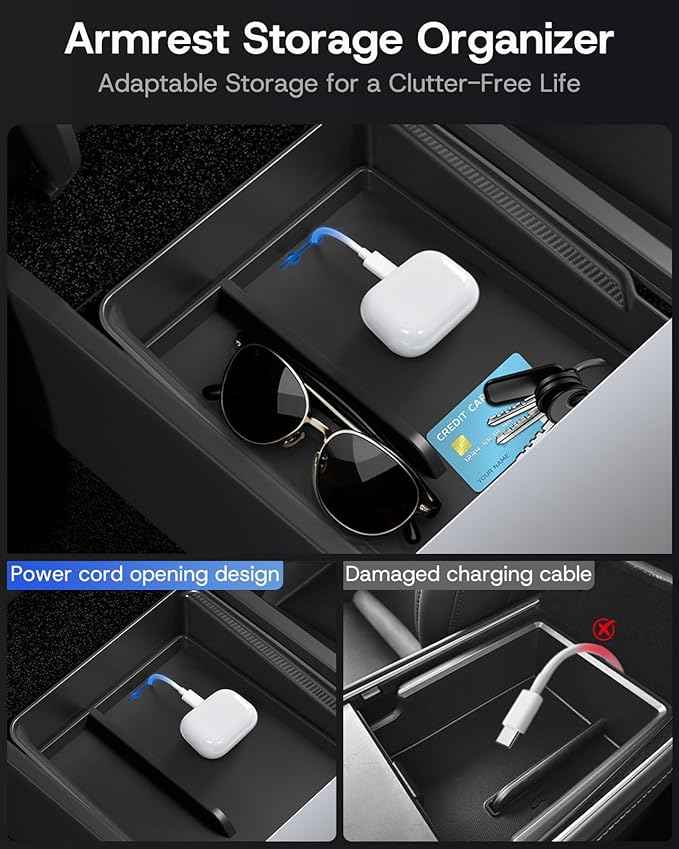 Center Console Organizer Tray for Tesla Model Y Juniper Accessories 2025 2026 [Premium PC + Silent Silicone Liner] Armrest Bottom Liners Wireless Charging Pad Cup Holder for Tesla Model Y Accessories