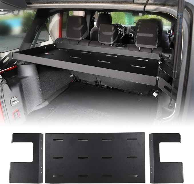 RT-TCZ Rear Trunk Cargo Rack Basket for Jeep Wrangler JKU (2007-2017) & JLU (2018+), 4 Door Interior Storage Shelf, Black Aluminum Alloy & Stainless Steel, 1PC Integrated Pallet